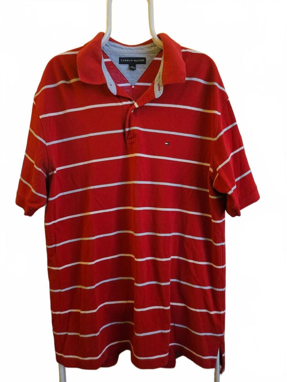 Tommy Hilfiger red striped Men's Polo shirt, Size XXL - EUC - small hole shown